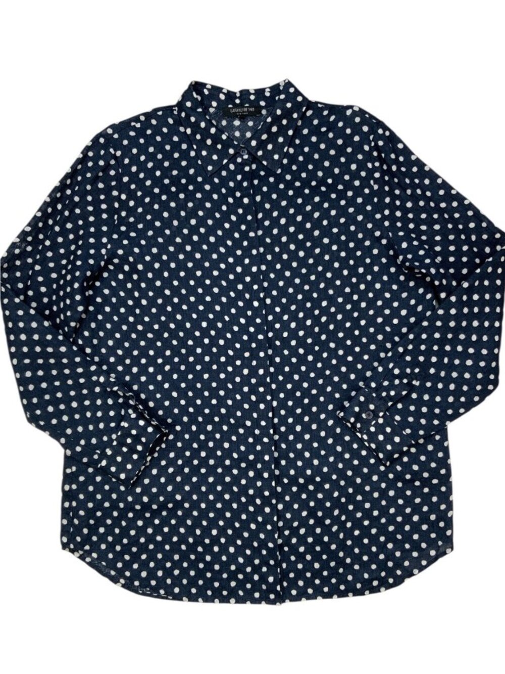 Lafayette 148 NY Linen Button Front Shirt L Blue Polka Dot Natural Fiber - Picture 15 of 15